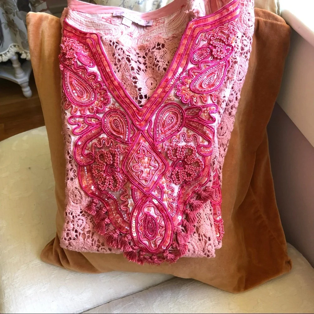 Calypso St. Barth’s tunic dress, peach/coral embroidered sequin & tassels S